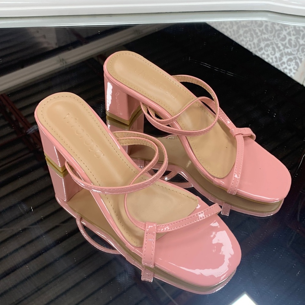 Patent Pink Strappy Block Heel Sandals